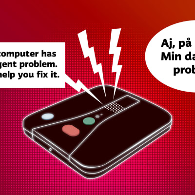 En illustrerad bild på en trygghetstelefon med en engelskspråkig pratbubbla ur telefonen och en svenskspråkig pratbubbla vid sidan om telefonen.