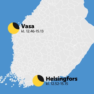 En karta som visar när solförmörkelsen pågår i Vasa och Helsingfors.