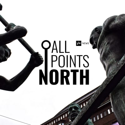 Photo of the Three Blacksmiths statue in Helsinki featuring the All Points North podcast logo