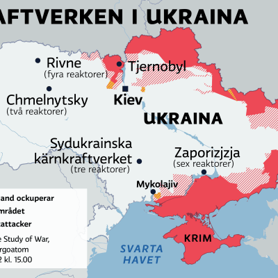 Karta över Ukraina och dess kärnkraftverk.