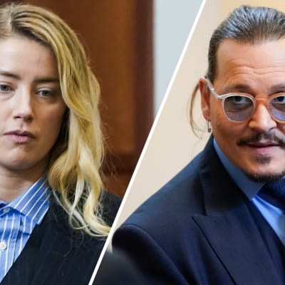 Bildcollage av två bilder. Till vänster Amber Heard som tittar ner, till höger Johnny Depp som tittar åt sidan.