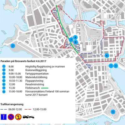 Karta över trafikarrangemang under Försvarets fanfest i Helsingfors 4 juni 2017