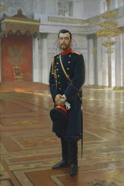 Ilja Repins porträtt av kejsar Alexander II i enkel soldatuniform men stående i Binterpalatsets magnifika sal.