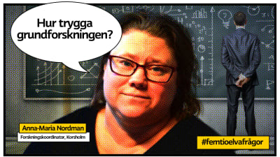 Anan-Maria Nordman porträtt i srerietidningsaktig rastrerad bild med man vid griffeltavla med symboler i bakgrunden och pratbubbla med texten "Hur trygga grundforskningen?"