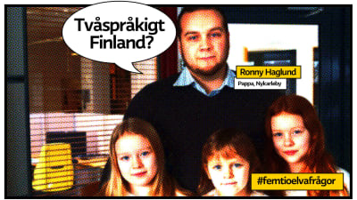 Ronny haglund med sina tre döttrar med pratbubbla och texten "Tvåspråkigt Finland?"