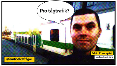 Edvin Rosenqvist och pratbubbla "Pro-tågtrafik?" framför ett tåg.