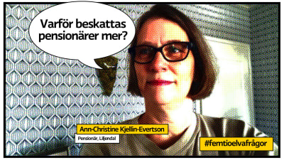 Pensionären Ann-Christine Kjellin- Evertson poserar som serietidningssida med pratbubbla och texten "varför beskattas pensionärer mer?".