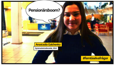 Gymnasisten Anastasiia Galchenko i Vörå rastrerad som serietidningsbild med pratbubla och texten "Pensionärsboom?"