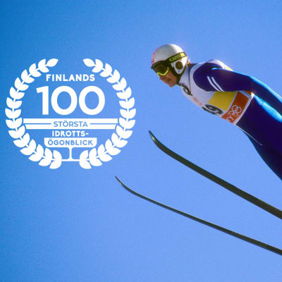 Matti Nykänen, med logon för Finlands 100 största idrottsögonblick.