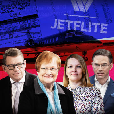 Kuvakollaasi, jossa Matti Vanhanen, Tarja Halonen, Mari Kiviniemi ja Jyrki Katainen. Taustalla lentokone ja otteita asiakirjoista.