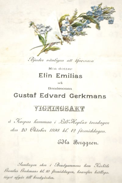 Inbjudan till vigningsakt mellan Elin Berggren (Linneas mormor) och Edvard Gärkman (Linneas morfar) år 1898.