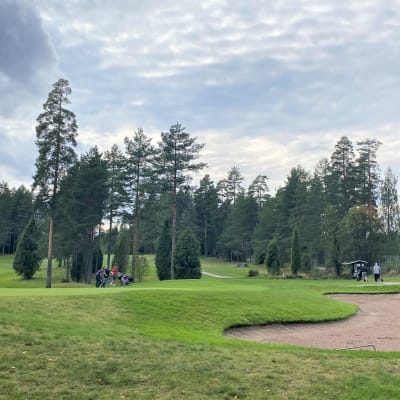 Fem personer spelar golf på golfbanan i Messilä.