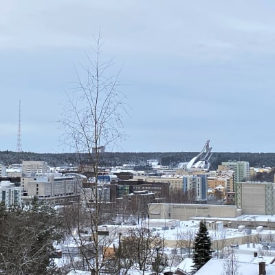 Kuva talvisesta Lahden keskustasta. Kuvassa kerrostaloja ja taustalla ovat radiomastot sekä hyppyrimäet.