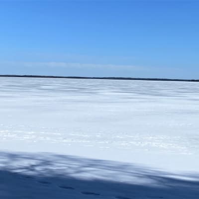 Päijänne on lähikuvassa Asikkalassa. Talvisessa kuvassa paistaa aurinko, järven päällä on lunta ja jäätä.