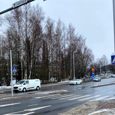 Suojatie on lähikuvassa Lahden Karjalankadulla. Autot ajavat kadulla suojatien yli.