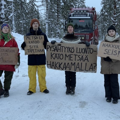 Neljä mielenosoittajaa seisoo lumisella metsätiellä estäen takanaan olevan tukkirekan kulun.
