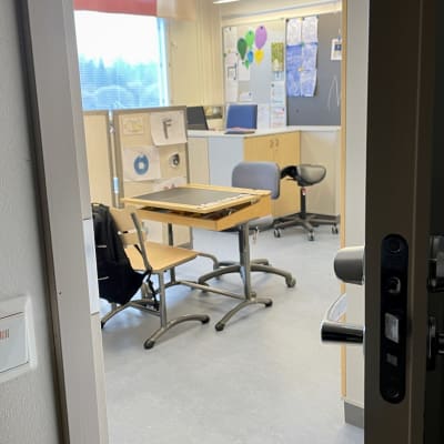 An empty school classroom.