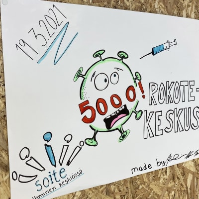 Kuvassa sairaanhoitaja Karoliina Mäkelän työ rokotuskeskuksen seinällä