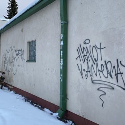 Sprayad text på en vägg. Texten på finska lyder hienot kamerat, vilket kan översättas till fina kameror.