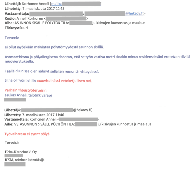 En mejlkonversation mellan en representant för invånarkommittén i Hekas hyreshus i Gamlas, och Hekas disponent. Disponenten menar att en fasadrenovering inte kommer att damma. Adressen, mejladresser, telefonnummer och disponentens namn har censurerats.
