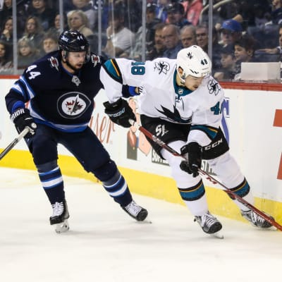 San Joses Tomas Hertl i duell med Winnipegs Josh Morrissey.