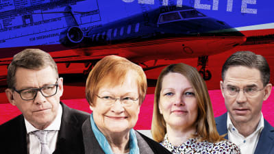 Kuvakollaasi, jossa Matti Vanhanen, Tarja Halonen, Mari Kiviniemi ja Jyrki Katainen. Taustalla lentokone ja otteita asiakirjoista.