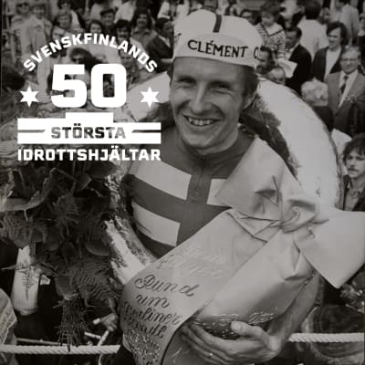 Harry Hannus med logon för Svenskfinlands 50 största idrottshjältar.