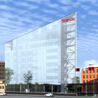 En arkitektbild av hur det åtta våningar höga glashuset med tre hörn ska se ut som byggs intill Scandics hotell på Rostensgatan i Vasa.