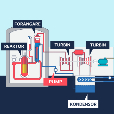 Schematisk bild av reaktor, turbiner pump och kondensor i ett kärnkraftverk.