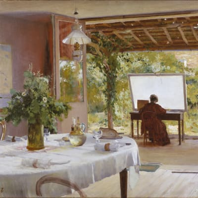 Tavla med kvinnlig konstnär som målar utomhus. Bilden är beskuren. William Blair Bruce, Friluftsateljé, odat. Olja på duk, 73 x 92 cm
