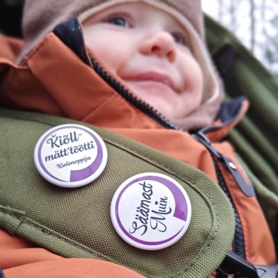 Lapsen kärryjen valjaisiin on kiinnitetty kaksi saamen kielen käyttämiseen kannustavaa pinssiä.
