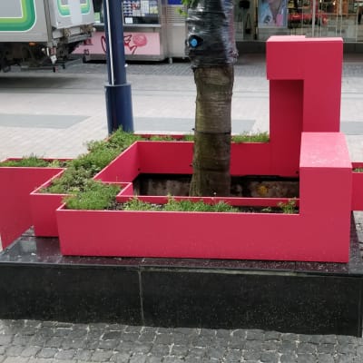 Jyväskylän keskustan vihertaideteos istutusaltaan ympärillä. 