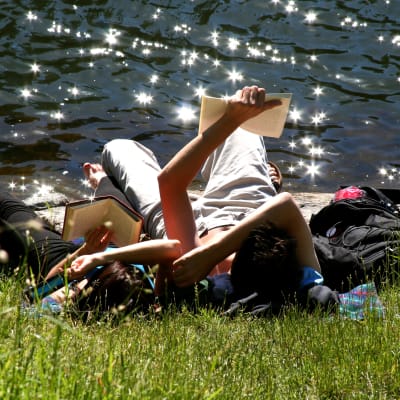 Personer ligger i gräset och njuter av solskenet. 