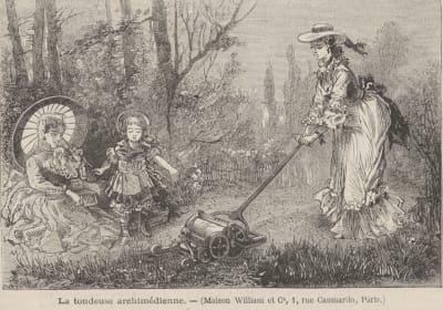 En gammal teckning föreställande en kvinna som klipper gräs.