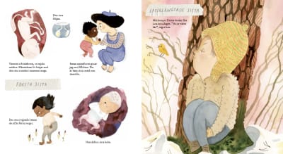 flera mindre illustrationer: ett foster i livmodern, ett större barn som gosar med en bebis, ett litet barn som tar sitt första steg och ett barn som sitter i skogen iklädd gul mössa.