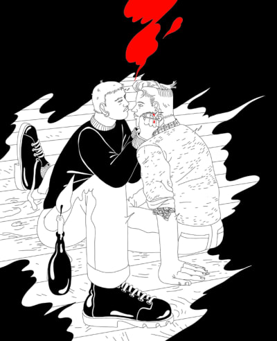En svartvit teckning av två unga män som sitter intill varandra, den ena får sitt öra piercat med en säkerhetsnål.  