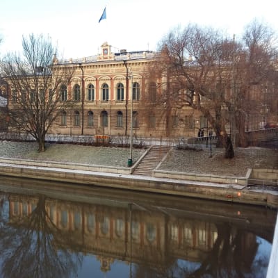 Åbo stadshus med Åbos blå flagga i topp speglas i Aura å en vinterdag med rimfrost i gräset.