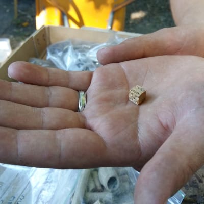 En liten tärning av ben visas upp i en arkeologs hand.