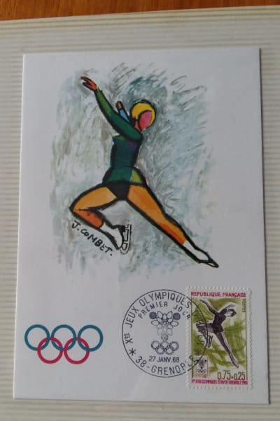 Brev från vinter-OS 1968 i Grenoble med ett OS-frimärke med en konståkare.