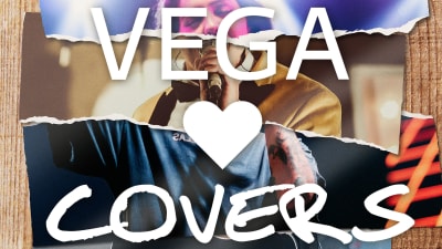 Fyra sönderrivna bilder på musicerande människor som bilder en person, med texten Vega hjärta covers över.