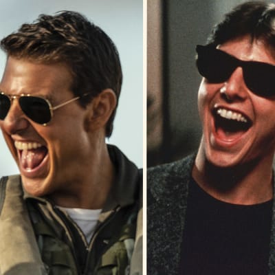 Ett kollage av två bilder på samma man med brett leende och solglasögon - tagna med 40 års mellanrum. 