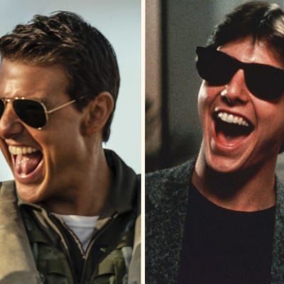 Ett kollage av två bilder på samma man med brett leende och solglasögon - tagna med 40 års mellanrum. 