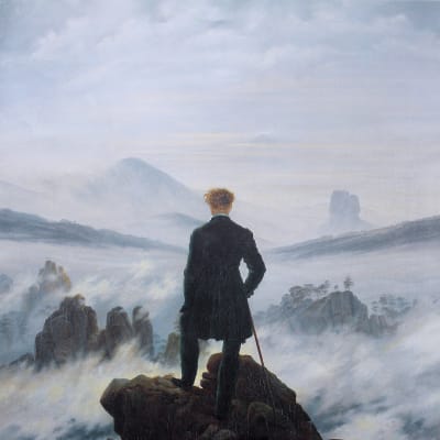 En man som betraktar dimman och horisonten.