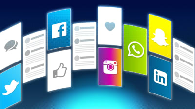 Grafik med olika sociala medie-tjänsters logon.