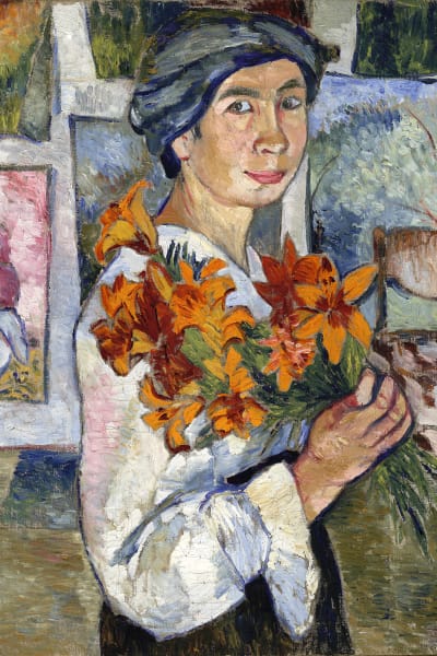 Natalia Goncharova: Självporträtt med gula liljor (1907–1908).  Tretjakovgalleriet. 