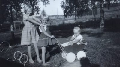 Lena, Stina och Tomas Ekblad på gården i Solf 1959. Lillasyster Ylva Ekblad föds 1961.