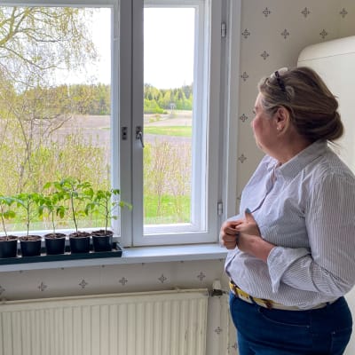 Kvinna tittar ut genom fönster på åkerlandskap. Hon vrider sina händer.