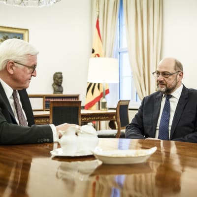 Tysklands president Frank-Walter Steinmeier diskuterade med SPD:S ordförande Martin Schulz den 23 november 2017.