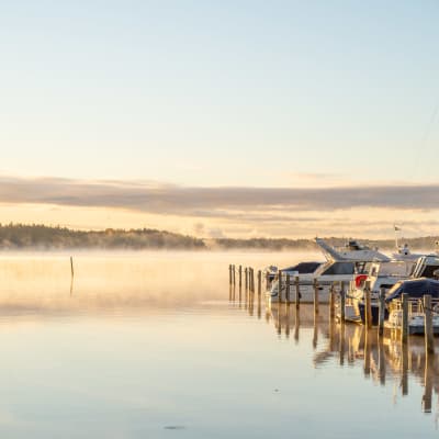 Båtar vid en båthamn en höstmorgon, på havet syns lite dimma som stiger upp.