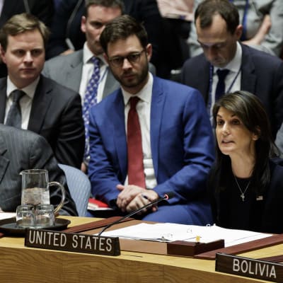 USA:s FN-ambassadör Nikki Haley håller ett anförande  i säkerhetsrådet.